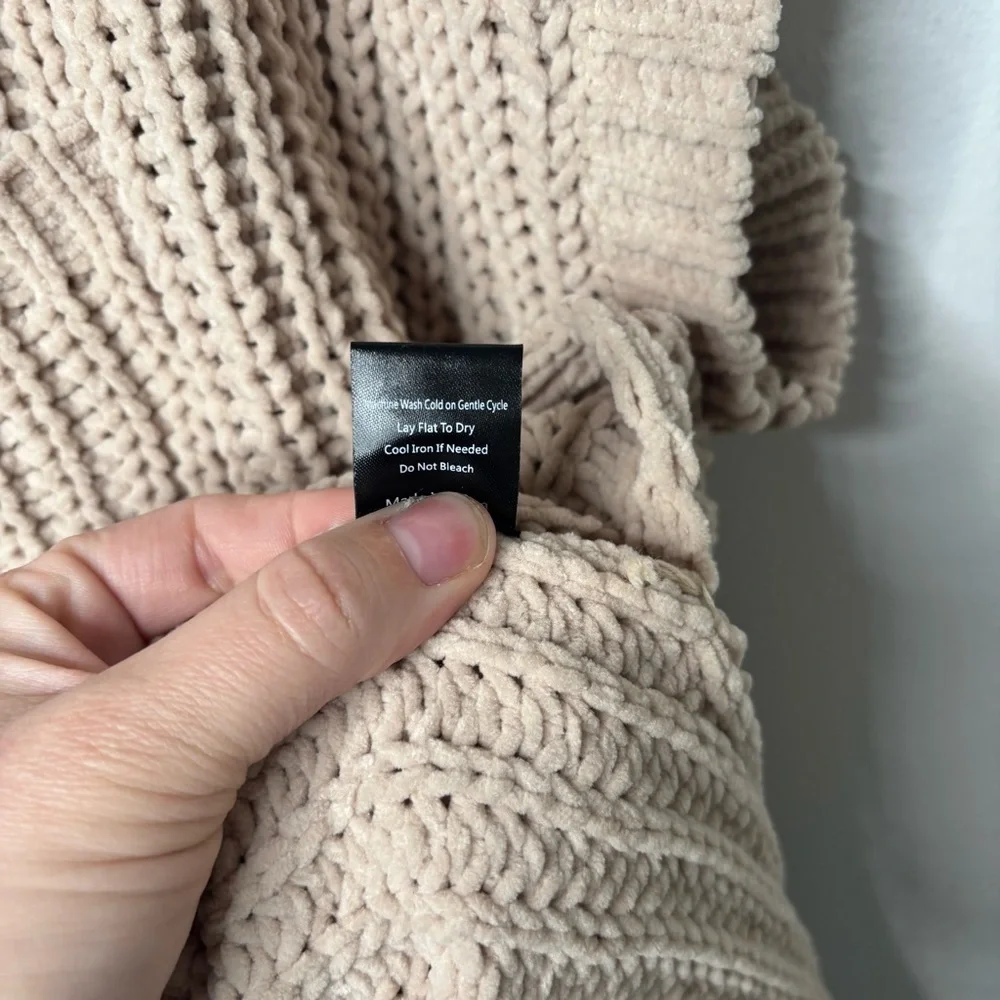 POL | Beige Oatmeal Oversized Knit Pullover Chenille Sweater Sz Small - Picture 9 of 9